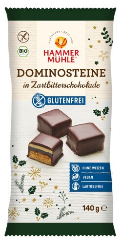 Bio dominostenen omhuld in fondantchocolade (honingkoek met appelvulling en marsepein) 140 g