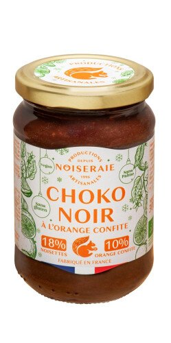 Bio choko noir met gekonfijte sinaas (18% hazelnoten en 10% gekonfijte sinaas) 300 g