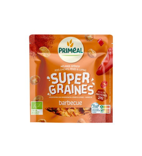 Bio Super Graines Barbecue - aperitiefmix van gezouten lupines, bonen en kikkererwten gekruid met ui, tomaat en paprika 100 g